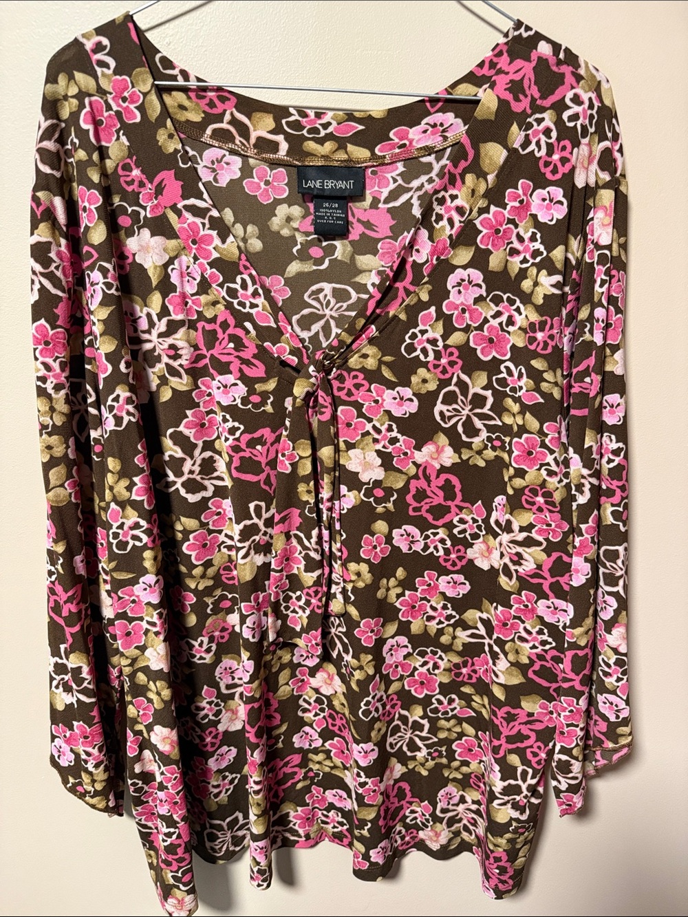 Lane Bryant Brown & Pink Floral Long-Sleeve Tie-Front Top - Picture 1 of 10